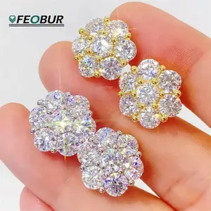 FEOBUR 7CT 5mm Flower Full Moissanite Earrings for Women 925 Sterling Silver Diamond Cluster Stud Earring Wedding Jewelry Gift