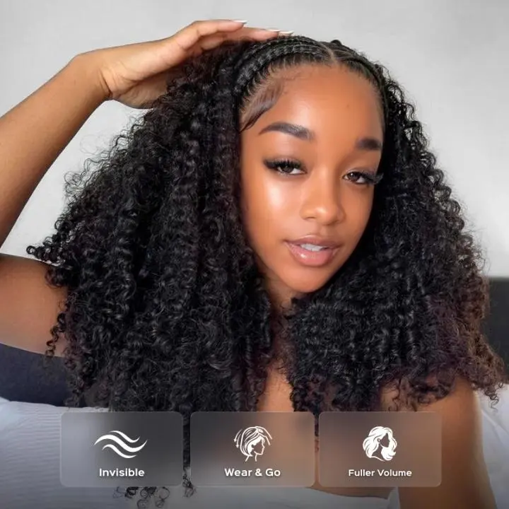 Megalook 3 In 1 Half Wig Glueless Human Hair Wig Ready Go Curly Wig Natural Black Color Beginner Friendly 100% Human Hair WIG