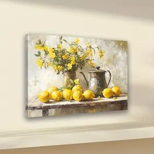 Framed Large Still Life Lemon Canvas Art Print, Modern Abstract Artistic Wall Decoration, Bright Yellow Lemon in a Metal Pot, Suitable for Living Room, Bedroom, or Hallway Lemon Decoration Abstract Design