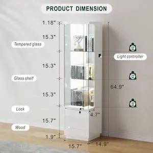 Lvifur Lockable Curio Display Cabinet with Glass Door,65" Lighted Curio Cabinet with 3 Color Lights for Collectibles,3-Tier Glass Display Case with Human Body Sensor for Living Room,White