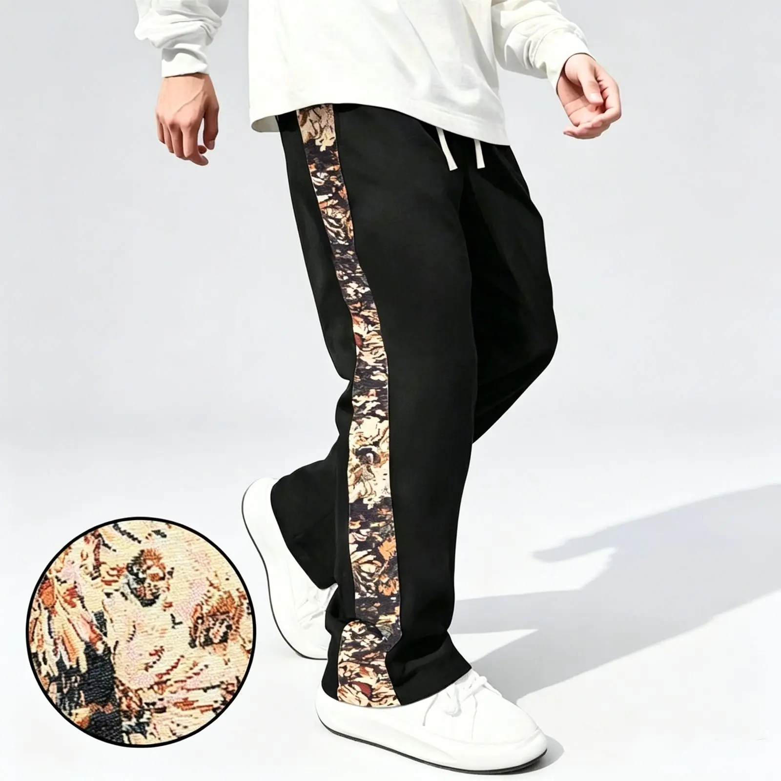 Men's Retro Floral Patchwork Sweatpants with Color-Block Stripes, Baggy Wide-Leg Streetwear Trousers, Sizes S, M, L