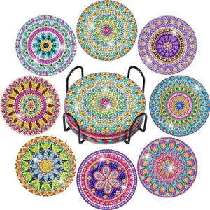 8-Piece Diamond Embroidery Coaster Set Mandala Pattern (with Stand), DIY Diamond Art Craft Kit for Beginners, Home Decor Gift, Diamond Painting Coasters