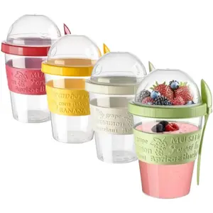 4 Pack Breakfast On The Go Yogurt Parfait Cups, Reusable Plastic Containers with Lids and Spoons, Perfect Jars for Overnight Oats Cereal Granola Oatmeal Smoothies and Snack Prep