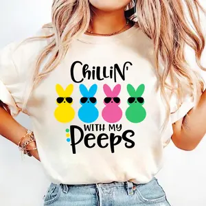 Chilllin' with My Peeps Easter T-Shirt, Cute Bunny & Peeps Design, Bunny with Glass Shirt, Easter's Day Shirt, Graphic Shirt for Women