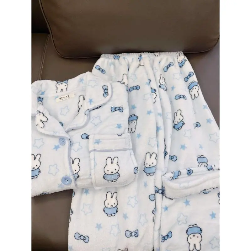 Cartoon Cute Miffy Coral Fleece Open-Front Cardigan Pajama Set for Women Thickened Fluffy Homewear Warmth & Cozy Outdoor/Indoor