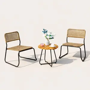 [Crazy Deal] Phivilla 3 Pieces Outdoor Wicker Bistro Set for 2, Stackable Rattan Chairs & Acacia Wood Round End Table, Small Teak Conversation Set for Patio Lounge Comfy