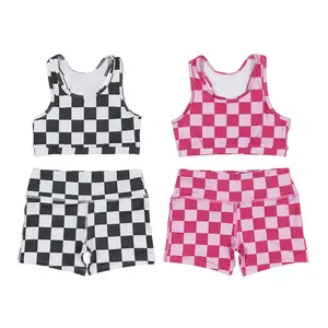 Elastic Athletic Checkered Sleeveless Shorts Set Kids Girls Clothes Sports Girls Jersey Tops
