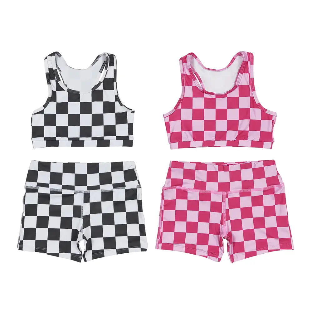 Elastic Athletic Checkered Sleeveless Shorts Set Kids Girls Clothes Sports Girls Jersey Tops