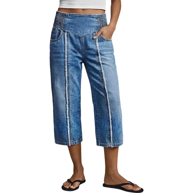 Flamingals Raw Hem Elastic Mid Waist Straight Leg Capri Jeans Womenswear Stretchy 18.1" Inseam