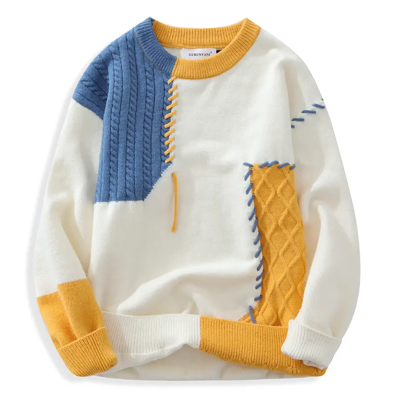 GURUNVANI Men's Crewneck Classic Knit Sweater - Korean Style Colorblock Twist, Easy Loose Fit, Breathable Longsleeve Polyester Pullover, Patchwork Detail, Foldable Casual Tops, Breathable Knit Clothing, Thanksgiving Fashion, Flat Dry