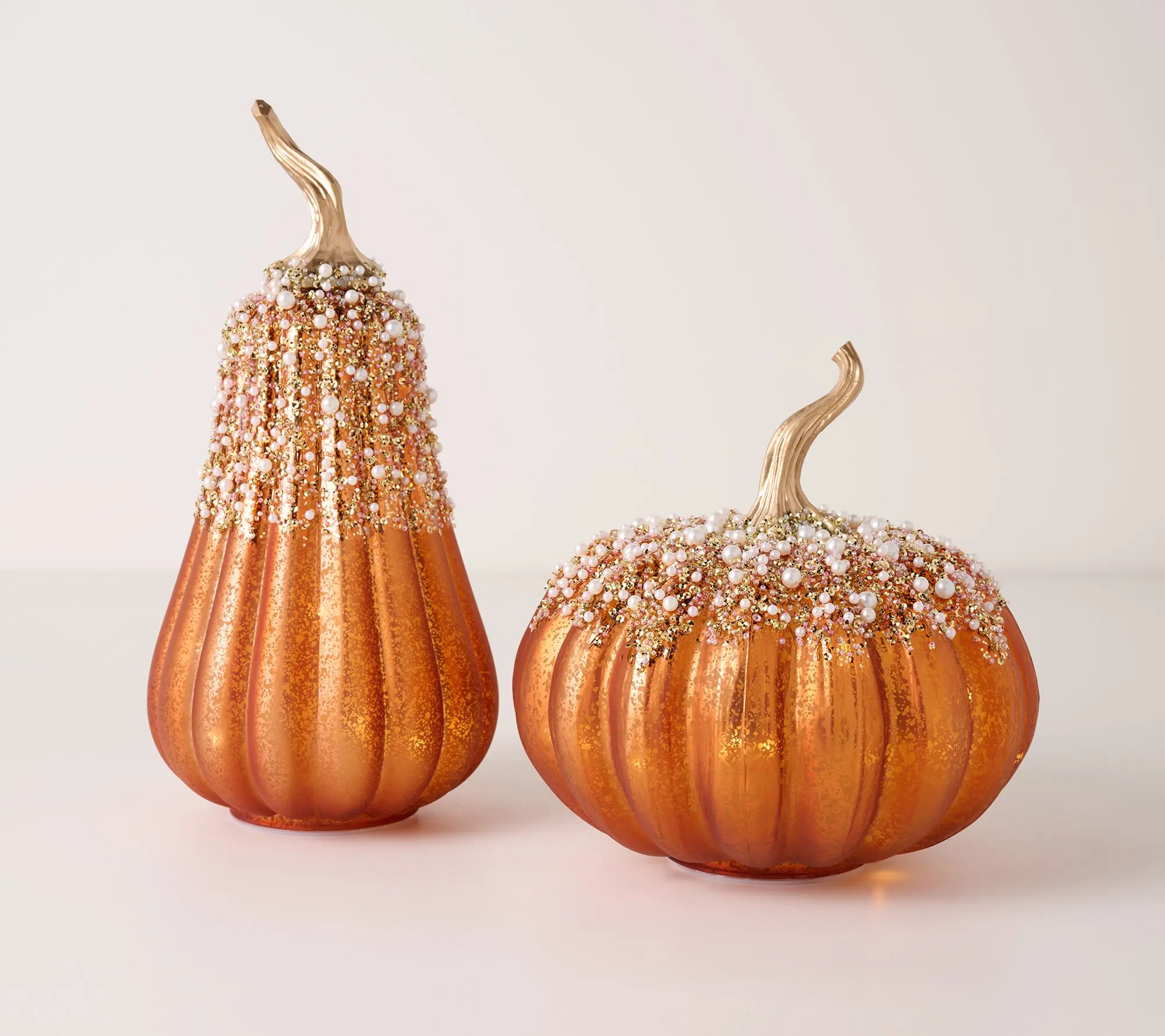 2Pc Lit Pearl & Glittered Mercury Glass Pumpkin & Gourd by Valerie