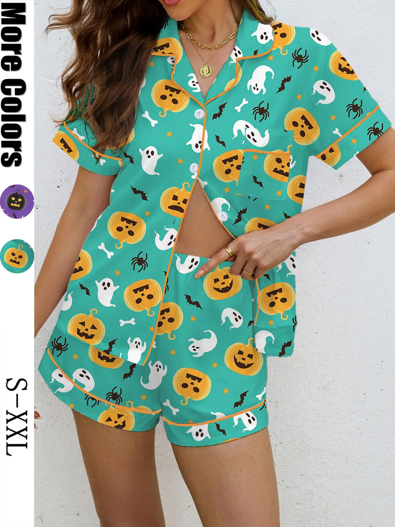 Women's Halloween Pajama Set Pjs, Casual All-Over Print Sleepwear, Soft Shirt Collar Top & Elastic Shorts, Comfortable Home Wear Loungewear Knit Homewear Pajamas For Adults