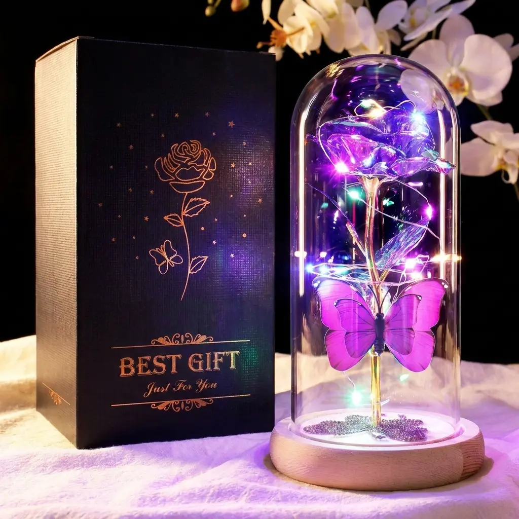 DEEMEI Lighted Eternal Rose Glass Dome with Butterfly - LED Artificial Flower Night Light, Romantic Birthday Gifts for Women, Mom, Wife
