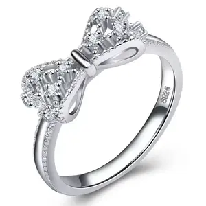925 Sterling Silver Bowknot Bow Knot Cubic Zirconia Rhinestone Rings For Women Fashion Trendy Wedding Engagement Jewelry Elegant