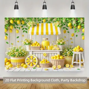 2D Flat Lemon Theme Party Backdrop, 1pc with Lemon Tree and Lemonade Stand Design - Vibrant Yellow and Green Lemon Balloons, Lemons, Leaves - Easy to Hang, Reusable, Suitable for Weddings, Birthdays, Spring and Summer Decorations, Lemonade