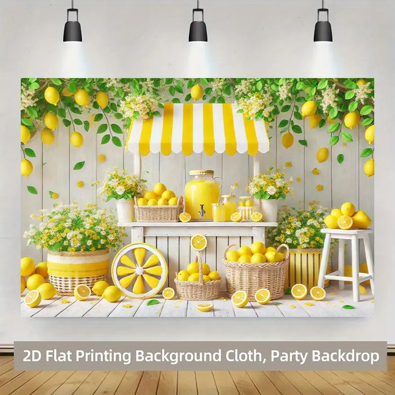 2D Flat Lemon Theme Party Backdrop, 1pc with Lemon Tree and Lemonade Stand Design - Vibrant Yellow and Green Lemon Balloons, Lemons, Leaves - Easy to Hang, Reusable, Suitable for Weddings, Birthdays, Spring and Summer Decorations, Lemonade