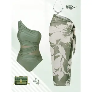 Modest One Shoulder Swimsuit for Women, Mesh One Piece Bathing Suit with Pleated Skirt, Tummy Control Vintage Swimwear in Sage Green for Beach Vacation, Pool Party and Cruise