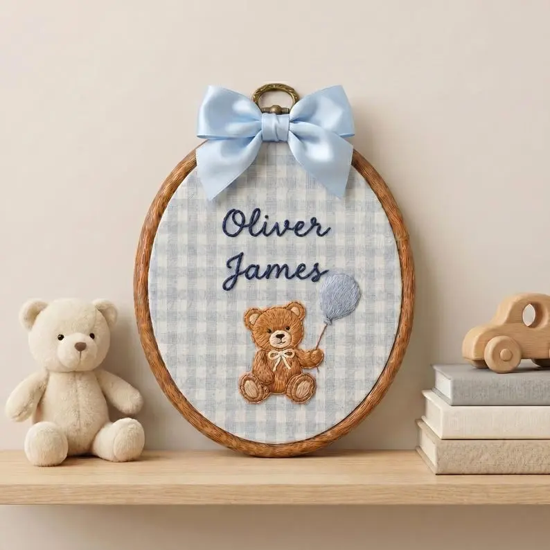 Personalized Embroidered Teddy Bear Baby Name Hoop, Baby Name Reveal Sign Heirloom, Baby Name Wall Decor, Baby Shower Gift, Newborn Keepsake