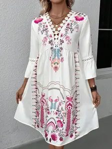 A women's printed Floral V-neck lace spliced bell-sleeve high-waisted casual elegant versatile dress, suitable for summer, daily casual wear, vacations, and loungewear.