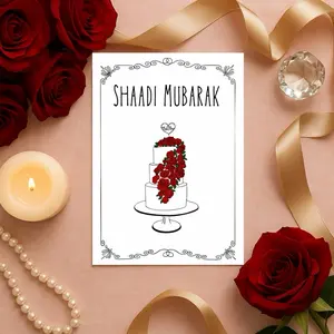 Minaret Collections Islamic Wedding Card, Shaadi Mubarak Design with Elegant Cake and Roses for Muslim Couples, 5x7 Folded Card with Quran Verse & Dua, Envelope Included