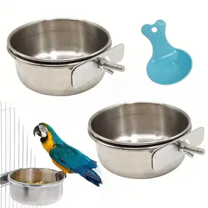 3 pcs Stainless Steel Bird Feeding Dish Cups with Spoon | Parrot Food Bowl Clamp Holder, Suitable for Parakeet - Cage Accessory, Easy-Clean Feeders,Detachable,Without Battery