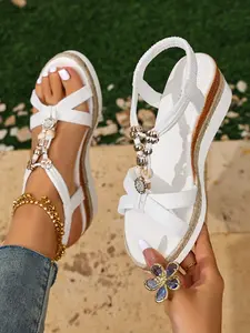 2026 White Platform Espadrille Wedges Women, Buckle Decorated Fashionable Platform Sandals, Open Toe Cross Strappy Summer Slide Mules,Faux Vintage Metallic Beads Flower Ankle Strap,Boho Beach Vacation Shoes,Glossy Faux Leather Comfortable Non-Slip Sole