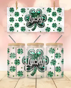 St. Patrick's Day Rhinestone Lucky Clover UVDTF Wrap for 16 Oz Libbey Glass Can