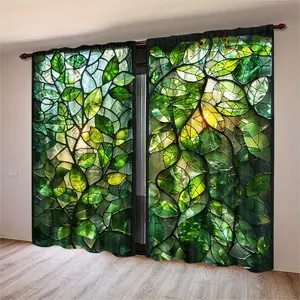 2pc, colored window glass leaf pattern print. Installed by pocket rod. Digital printed curtains. Suitable for living room, closet, bedroom, study, dining room and home decoration.