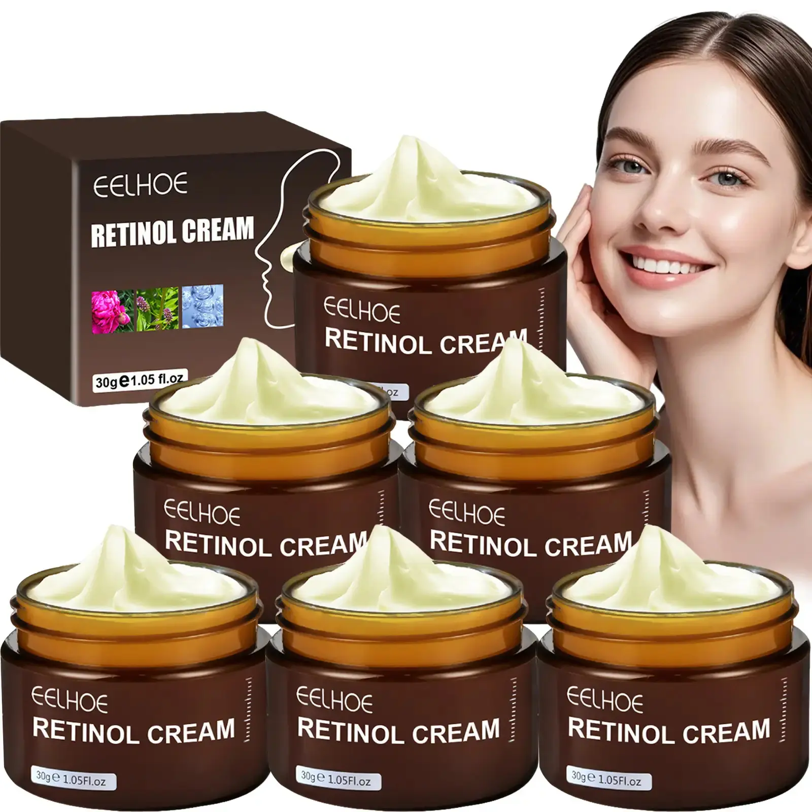 EELHOE Retinol Cream 30g/1.05 fl. oz. - A hydrating and firming day and night cream with Vitamin C, Glycerin and Hyaluronic Acid, suitable for all light to medium skin tones, hypoallergenic formula, retinol skincare, stylish bottle design, with a glossy f