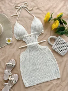 Women's Fashion One-Piece Slim Sweater Dress, Spring Summer Sleeveless Hollow Out Backless Design, Casual Beachwear, Sexy and Elegant, Feminine