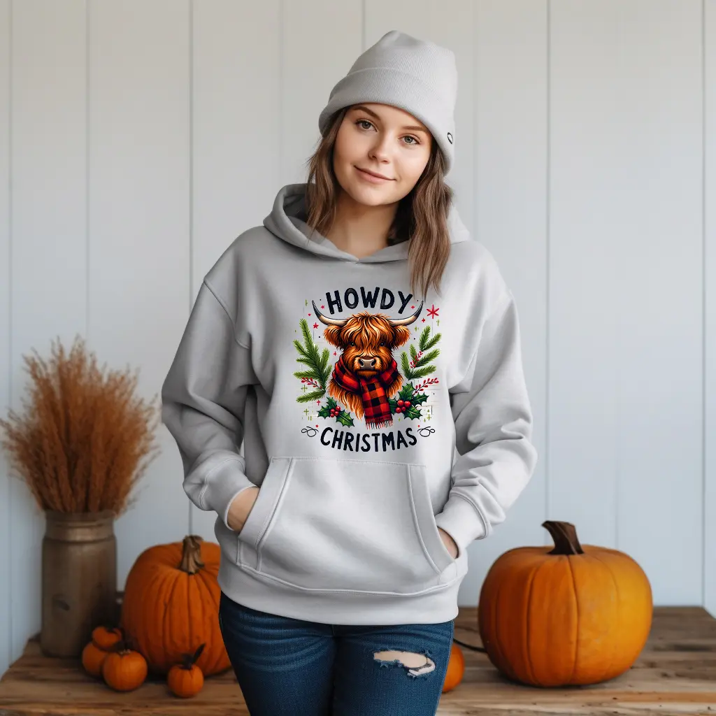 Highland Cow Howdy Christmas Hoodie for a Festive Western Holiday Look
