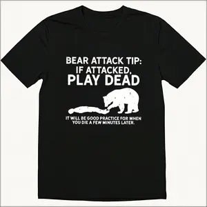 Men's Casual Cotton T-Shirt With Tips For Being Attacked By A Bear Print, Breathable And Soft, Round Neck, Machine Washable, Suitable For Spring, Summer, Autumn And Winter