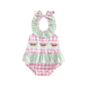 [Lullaby] Baby Girl Swimsuit Plaid Watermelon Embroidered Tie-up Sleeveless Ruffle Bathing Suit Casual Swimwear