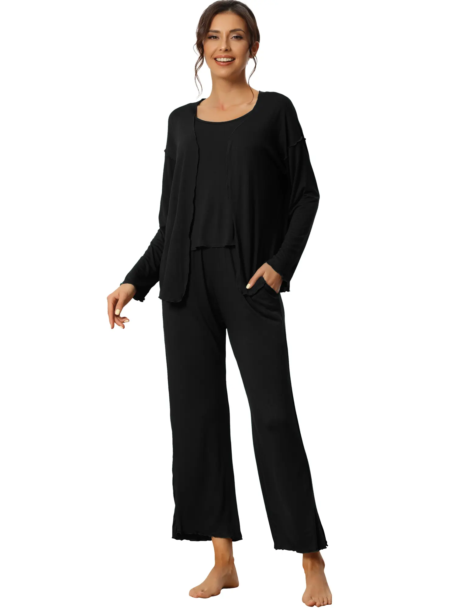 INSPIRE CHIC Women's 3pcs Sleepwear Soft Solid Color Long Sleeve Top Cami and Pants Pajama Set