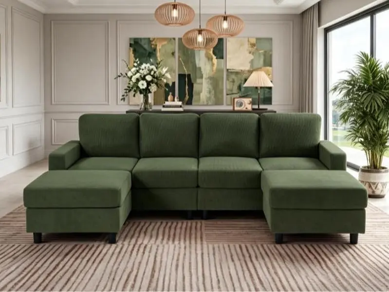 98.8" Oversized U-Shaped Sectional Couch Corduroy Upholstered 4-Seat Double Chaise Sofa with Sturdy Legs Thick Padding Modular Corner Sofa for Living Room Family Room Cozy Sofa