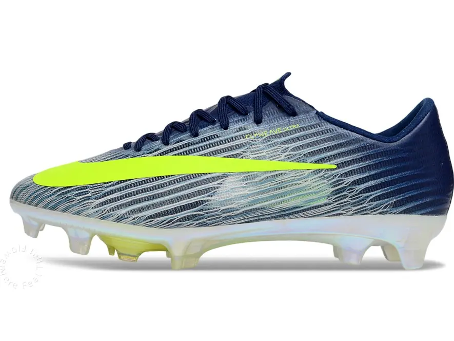 Iridescent Clear Long Stud Outsole Gradient Blue Wave Flyknit Fabric Neon Green Accent Low Cut Pro Soccer Cleats For Men Women Natural Grass Pitch Speed Boost Breathable Anti-Slip Training Match Footwear