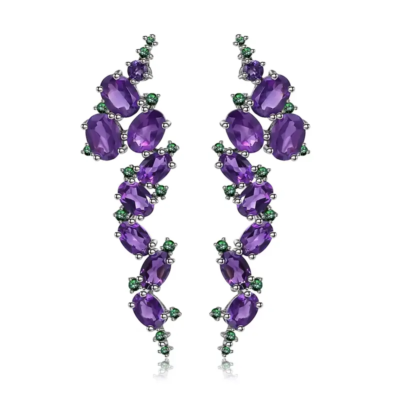 Women's 925 Sterling Silver Vintage Gothic Clip Earrings - Main Stone: Amethyst, with Natural Amethyst, Geometric Green Nano Emerald Gemstones, Trendy Fine Elegant Jewelry for Engagement, Anniversary, with a Gift Box