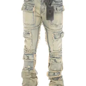 Men's Khaki Distressed Denim 7 Pocket Premium Stacked Jeans - Menswear