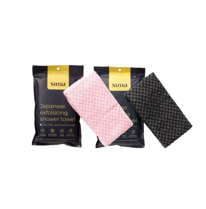 Sima Japanese Exfoliating Shower Towel & Back Scrubber Unisex Body Care Set Duo - 2-Piece Anti Microbial Bath Towels, Black & Pink, Silver Ion Deep Clean, Smooth Texture, Special Adult Bundle Price, 47 In, Detoxifying, Smoothing, Hexagon