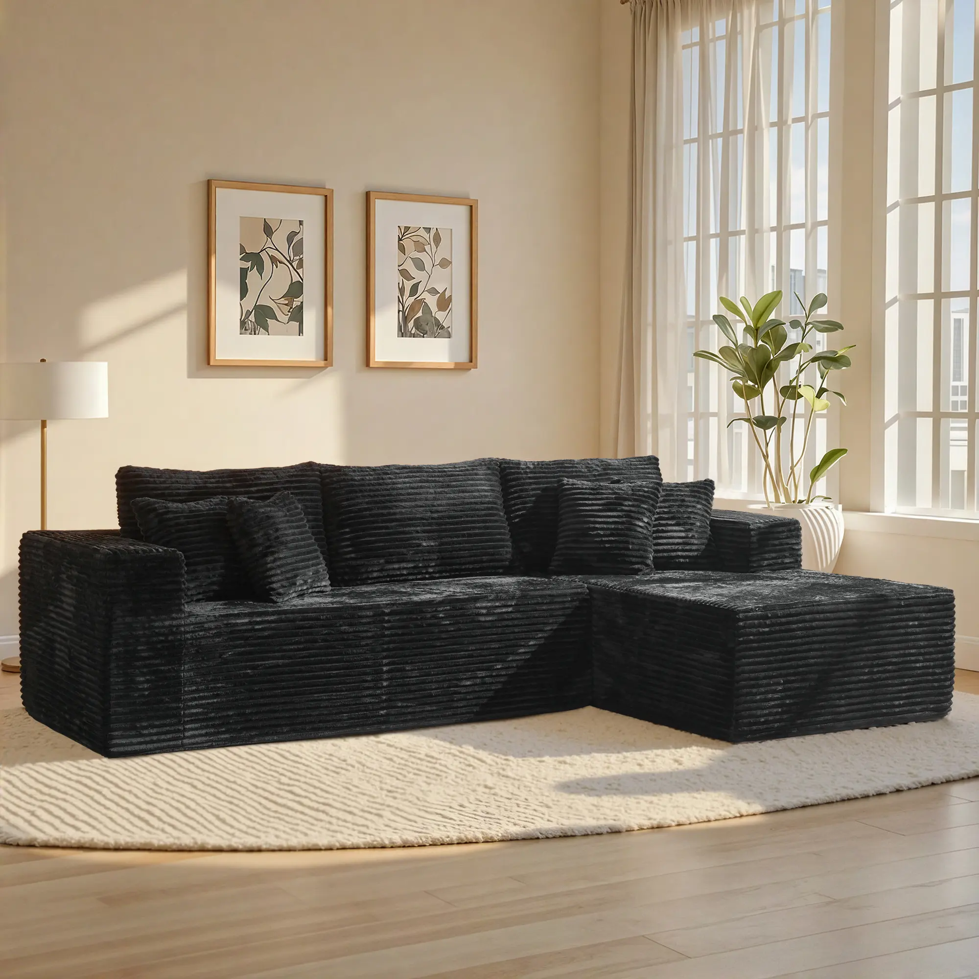 108" Black L Shape Sofa Right Chaise