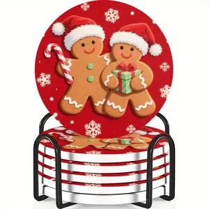 6-Piece Cup Mat Set Christmas Hat Gingerbread Man Design Ceramic Non-Slip Heat Resistant Coffee Drink Coasters Home Decor Gift