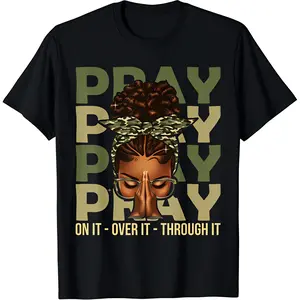 Pray On It Over It Through It T-Shirt, Afrocentric Black Woman Praying Tee, Melanin Faith Inspired Christian Shirt, Washed Cotton Inspirational Mom Life Top, Gift for Black Queens