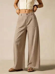 Women's Summer Linen Palazzo Pants Classical  Flowy Wide Straight Leg Beach Trousers With Pocket Casual Solid Color Soft Elastic High Waist Lounge Pants Travel Vacation Bottoms Date Brunch Home Work Street wear Outfit
