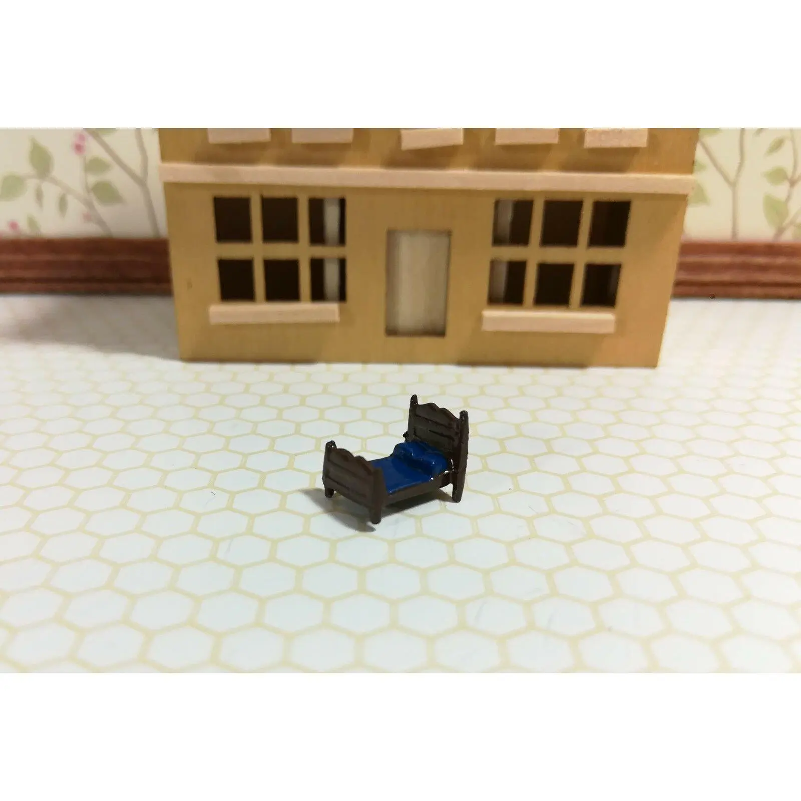 Dollhouse Miniature 1:144 Scale Bed with Blue Sheets Micro Minis Furniture Metal