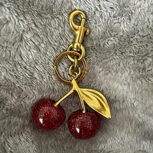 1pc Chic Cherry Keychain with Sparkling Resin Pendant - Alloy Customizable C-Hook Closure for Women's Wallets & Bags, Ideal Gift for Family, Friends, and Couples, Valentine's Day Gift