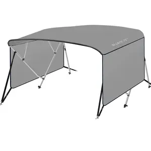 4 Bow Boat Bimini Top, 8 ft L x 54 in H, 600D Light Gray Marine Canopy with 1 in Aluminum Frame, Zippered Side Curtains, Rear Support Poles, Straps and Storage Boot, Fits 67-72 in, 73-78 in, and 91-96 in Widths
