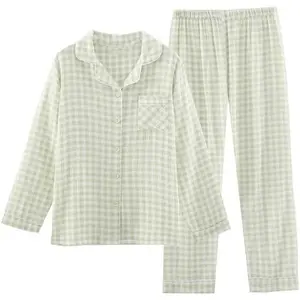 WomensCottonPajamaSetsLongSleeveButtonDownShirtandPantsSleepwear2PieceGinghamPjSet
