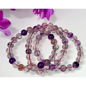 Wholesale 3 Pcs Natural Super 7 Melody Rutilated 8mm 7.5” Crystal Healing Stretch Bracelet