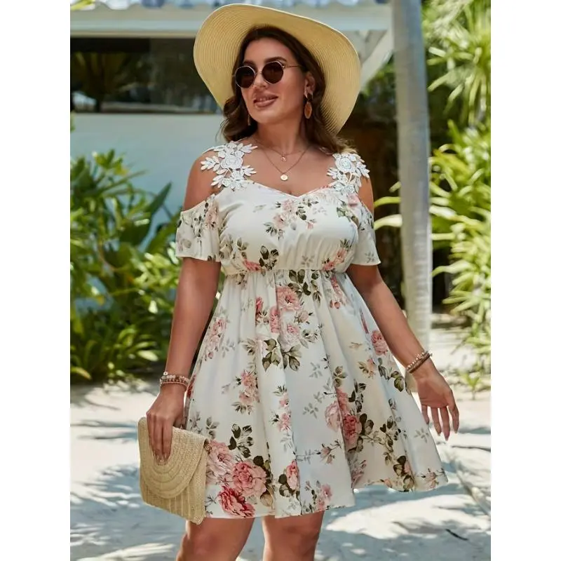 Women's Plus Size Off-Shoulder Floral Peplum Woven A-Line Above Knee Skater Dress - Polyester Blend, Exaggerated Ruffle, Lace Detail, Strapless Option, 4XL, Multicolor, Casual, All Seasons, Machine Washable, Sports & Outdoor Clothing Set