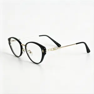 Women Cat Eye Blue Light Blocking Eyeglasses, Black Acetate Front Gold Hollow Metal Temples, Anti Eyestrain Computer Optical Glasses